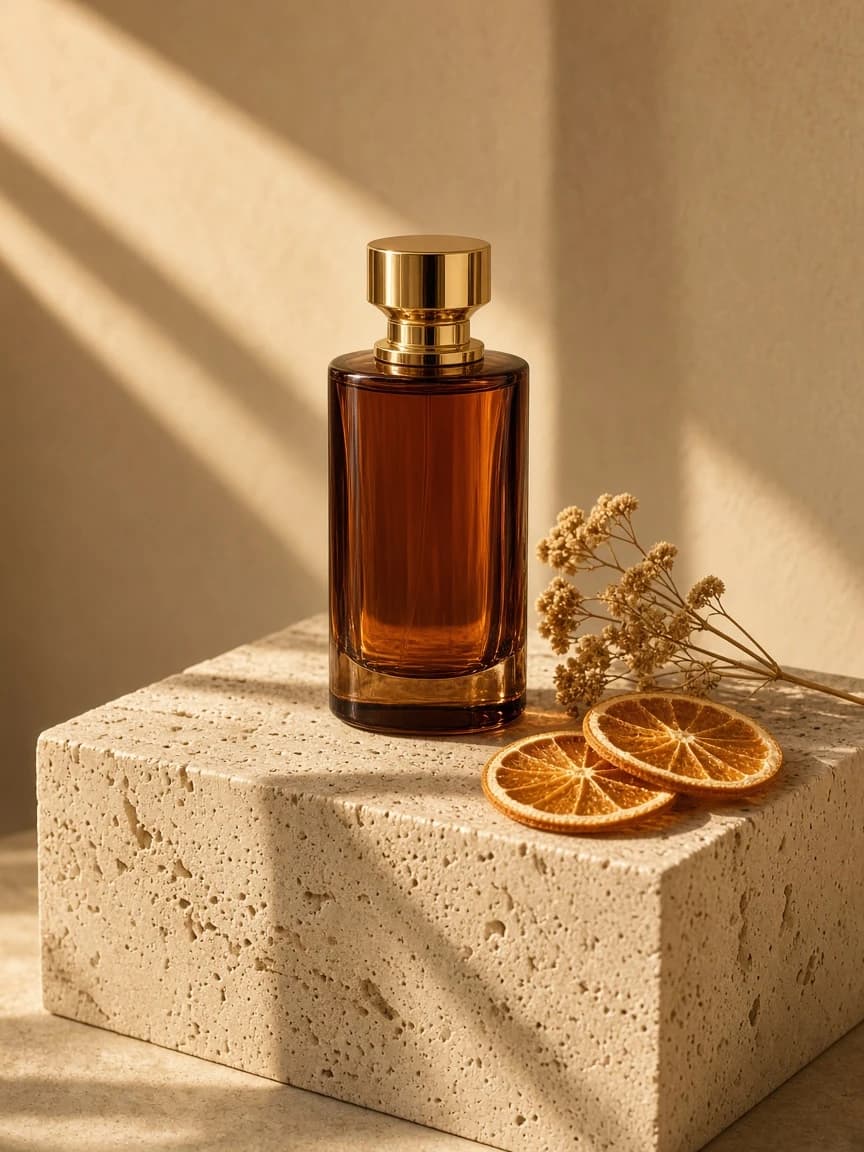 Amber perfume bottle on a travertine pedestal in warm sunlight