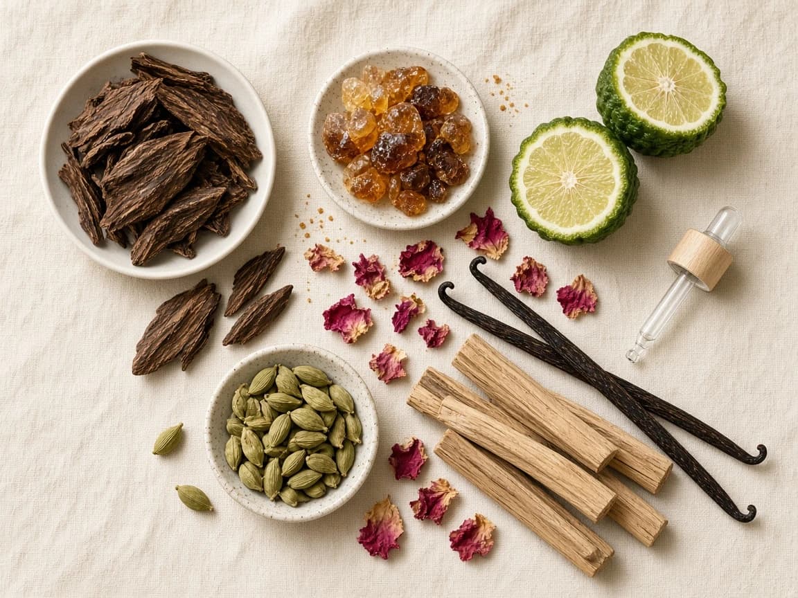 Oud chips, amber resin, bergamot, vanilla and rose petals on linen