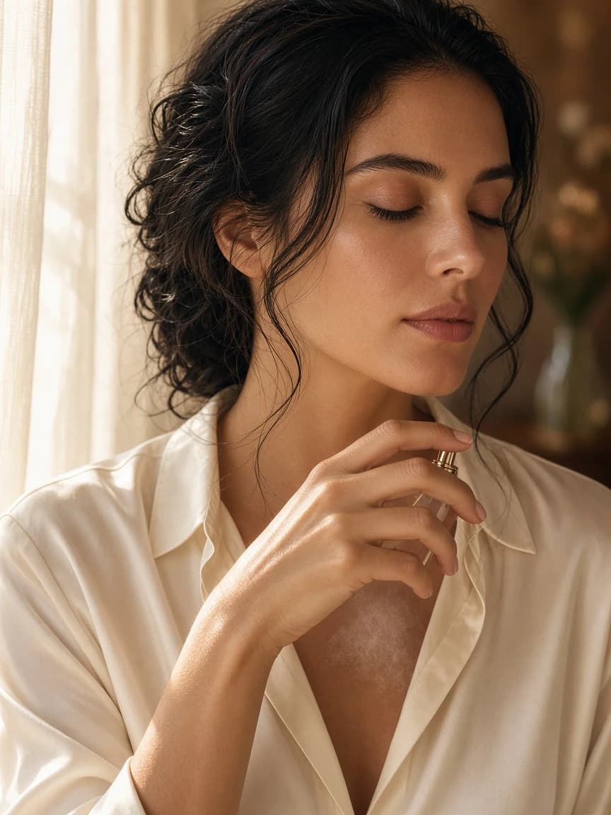 Woman applying perfume to her wrist